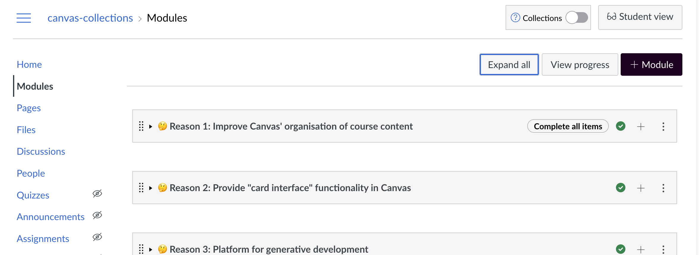 Screenshot of Canvas modules page with the Collections configuration element in the top right-hand corner