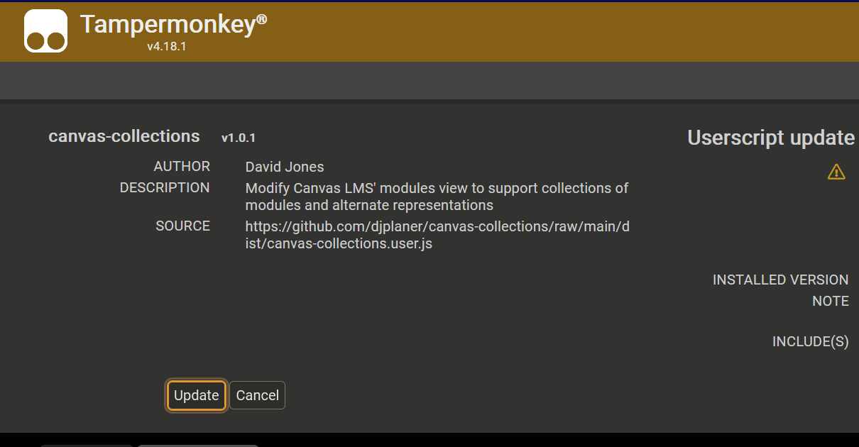 Tampermonkey asking to update Canvas Collections userscript