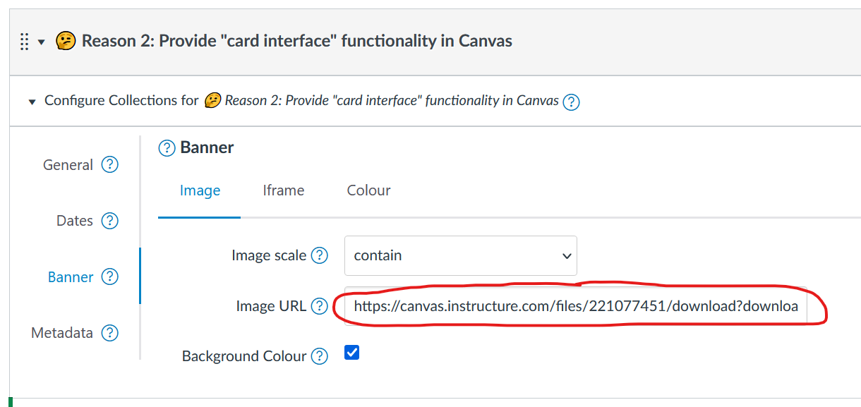 Canvas Collections module configuration open to the banner element. Showing a Canvas files URL pasted in as image URL