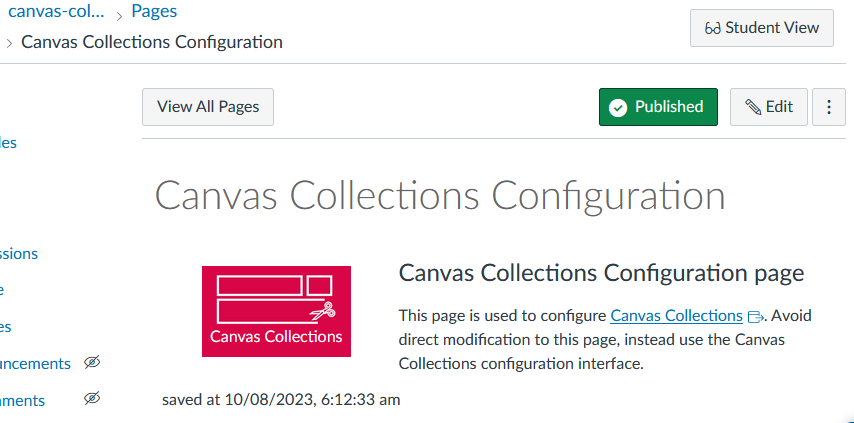 Example "Canvas Collections Configuration" page
