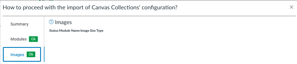 Images tab of Collections import dialog