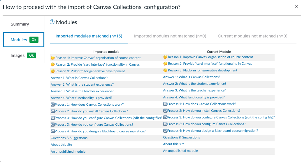 Modules tab of Collections import dialog