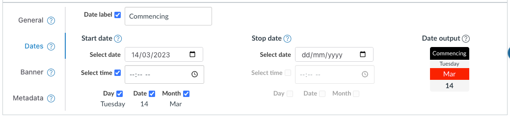 The dates module configuration tab