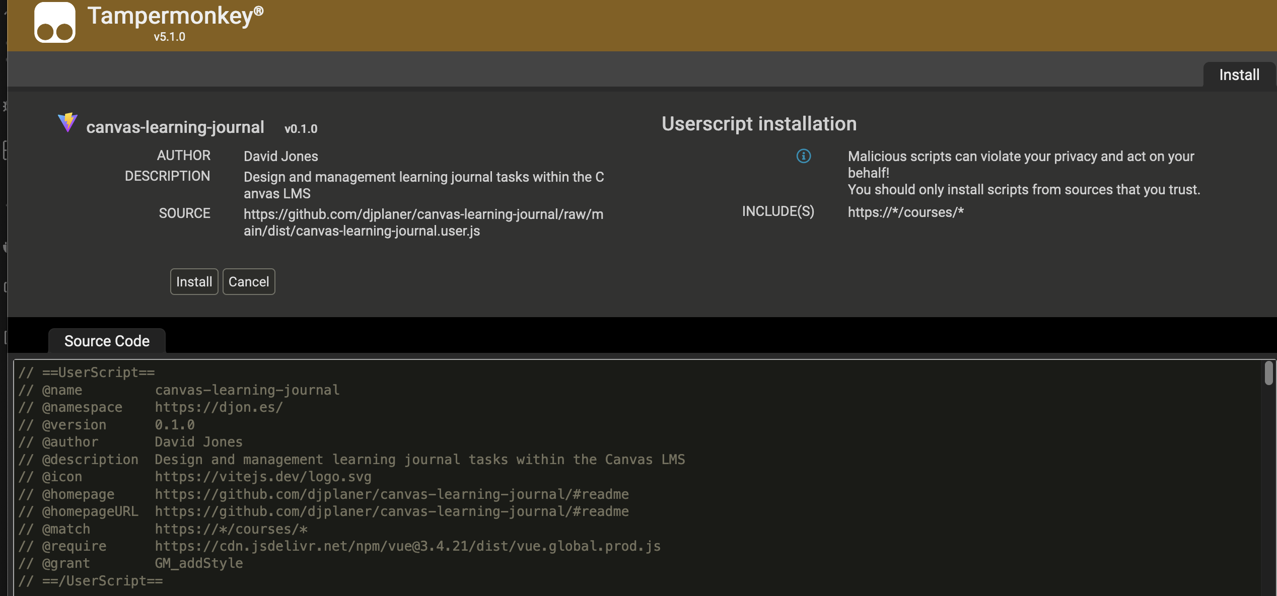 Tampermonkey asking if it should install the Canvas Learning Journal user script