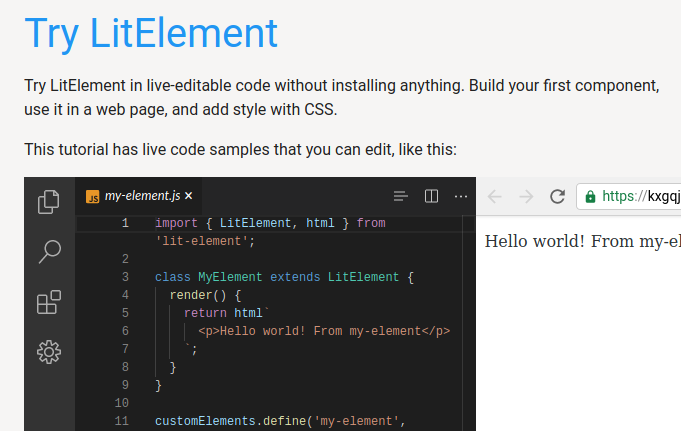 LitElement tutorial with embedded "VSCode" editor and a browser